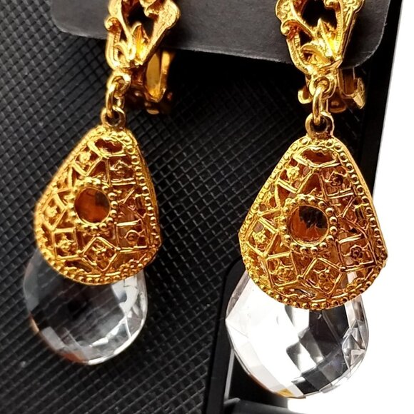 Gold Tone Filigree Clip-On Dangle Earrings Clear Faceted Teardrop Vintg-Inspired - Picture 7 of 9